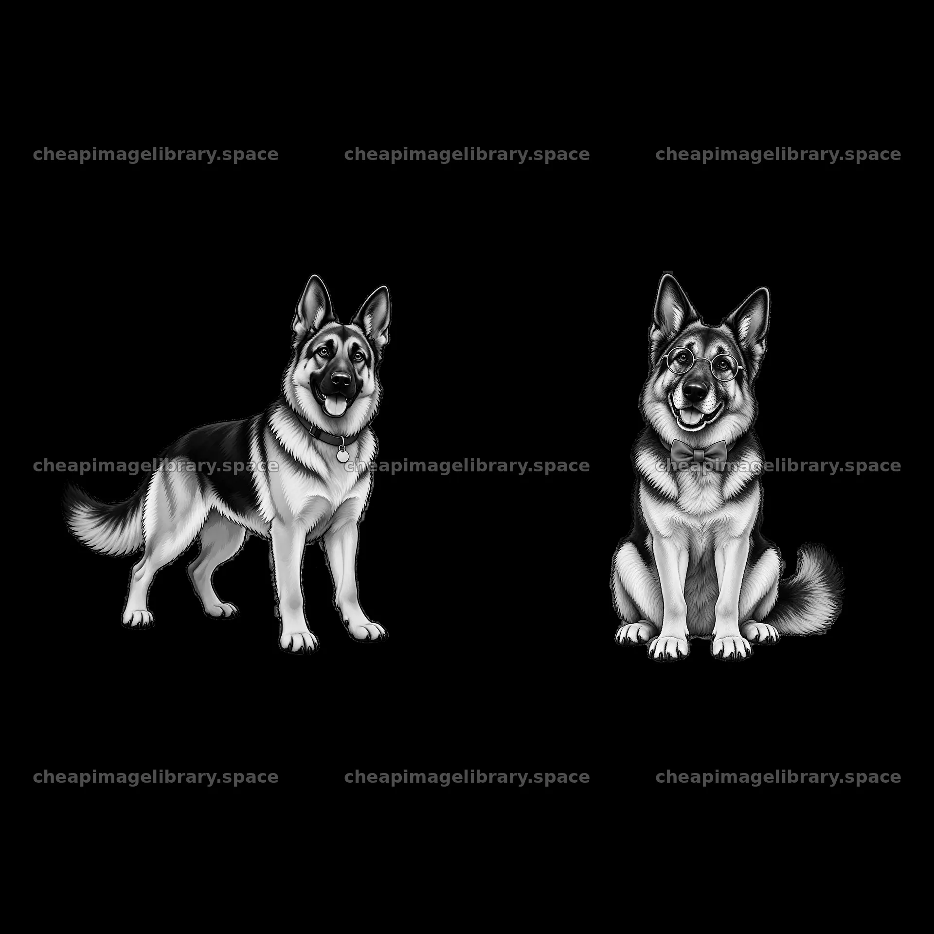 Pair of German Shepherd dog stickers in black-and-white design – image library 7746x7746
