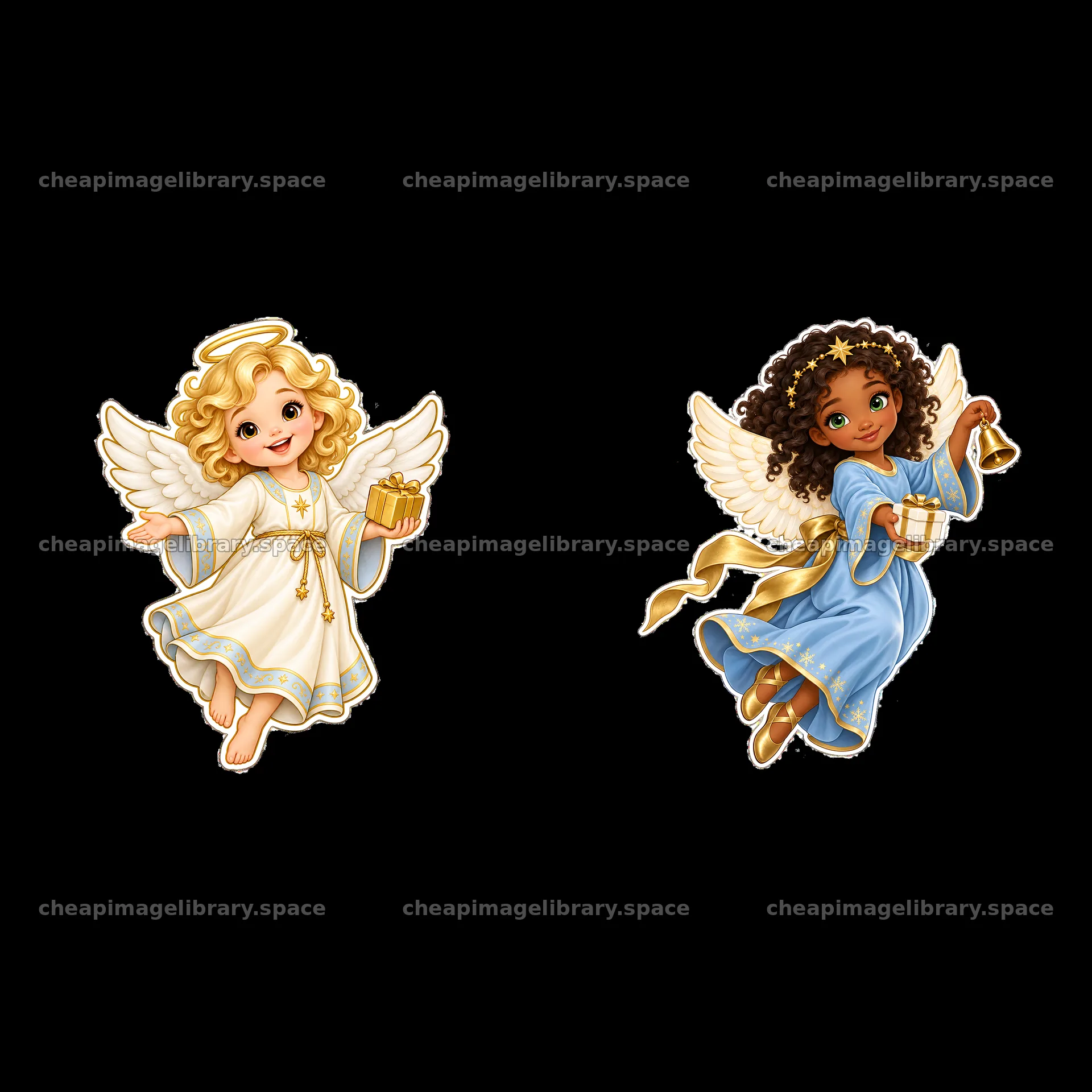 Christ Child bringing gifts with angels in festive outfits – image library 7746x7746