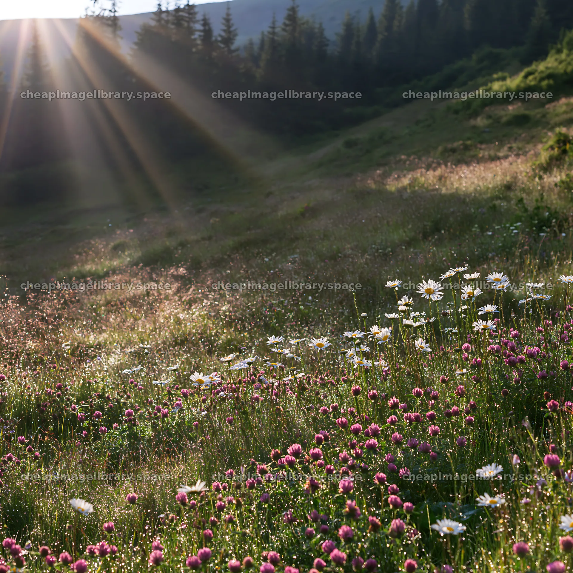 Light rays shine over meadow in Bucegi Mountains – image library 7938x7938
