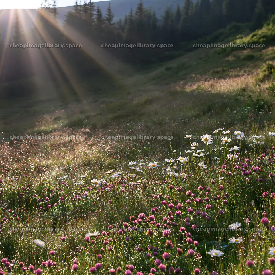 Light rays shine over meadow in Bucegi Mountains – image library 7938x7938