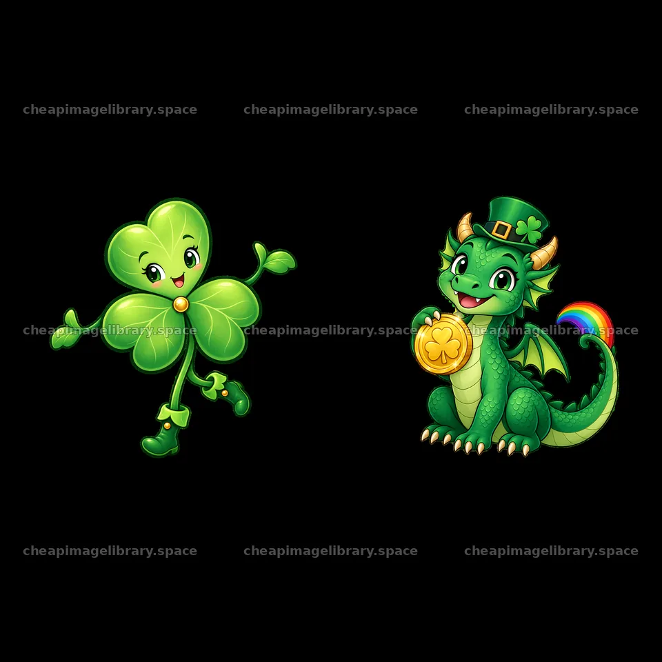Friendly shamrock and green dragon celebrating St. Patrick's Day – image library 7746x7746