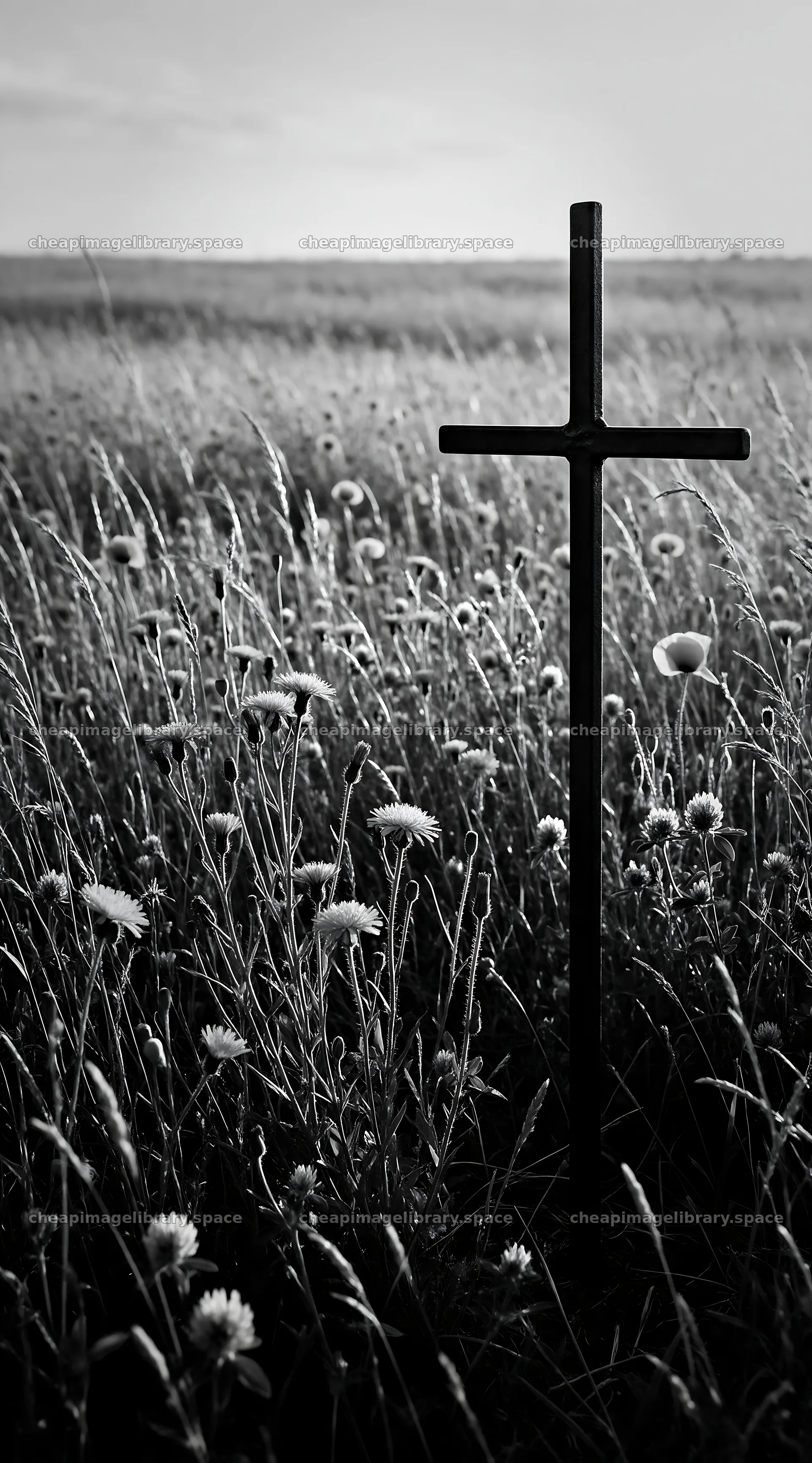 Dark Christian cross in summer meadow with flowers – image library 5916x10648
