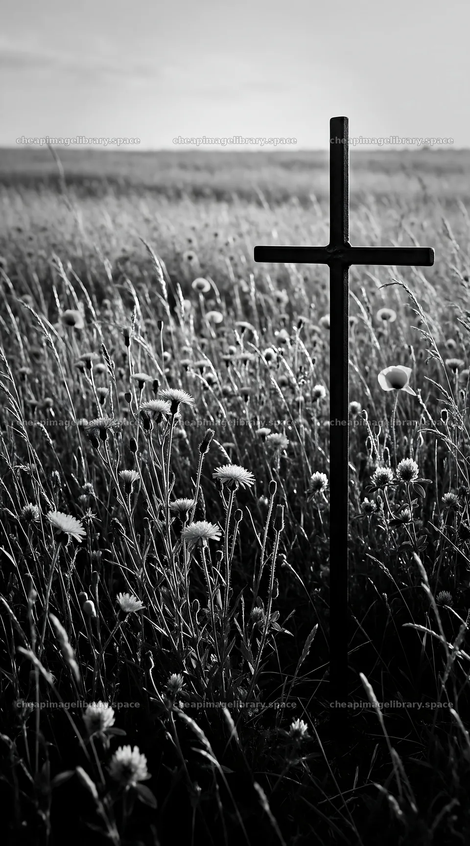 Dark Christian cross in summer meadow with flowers – image library 5916x10648