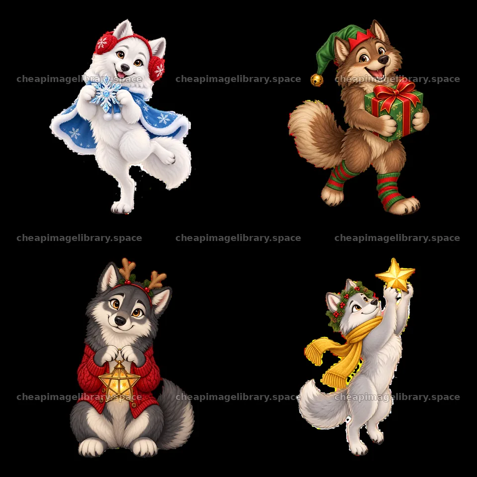 Christmas wolves celebrating winter with gifts and decorations – image library 7746x7746