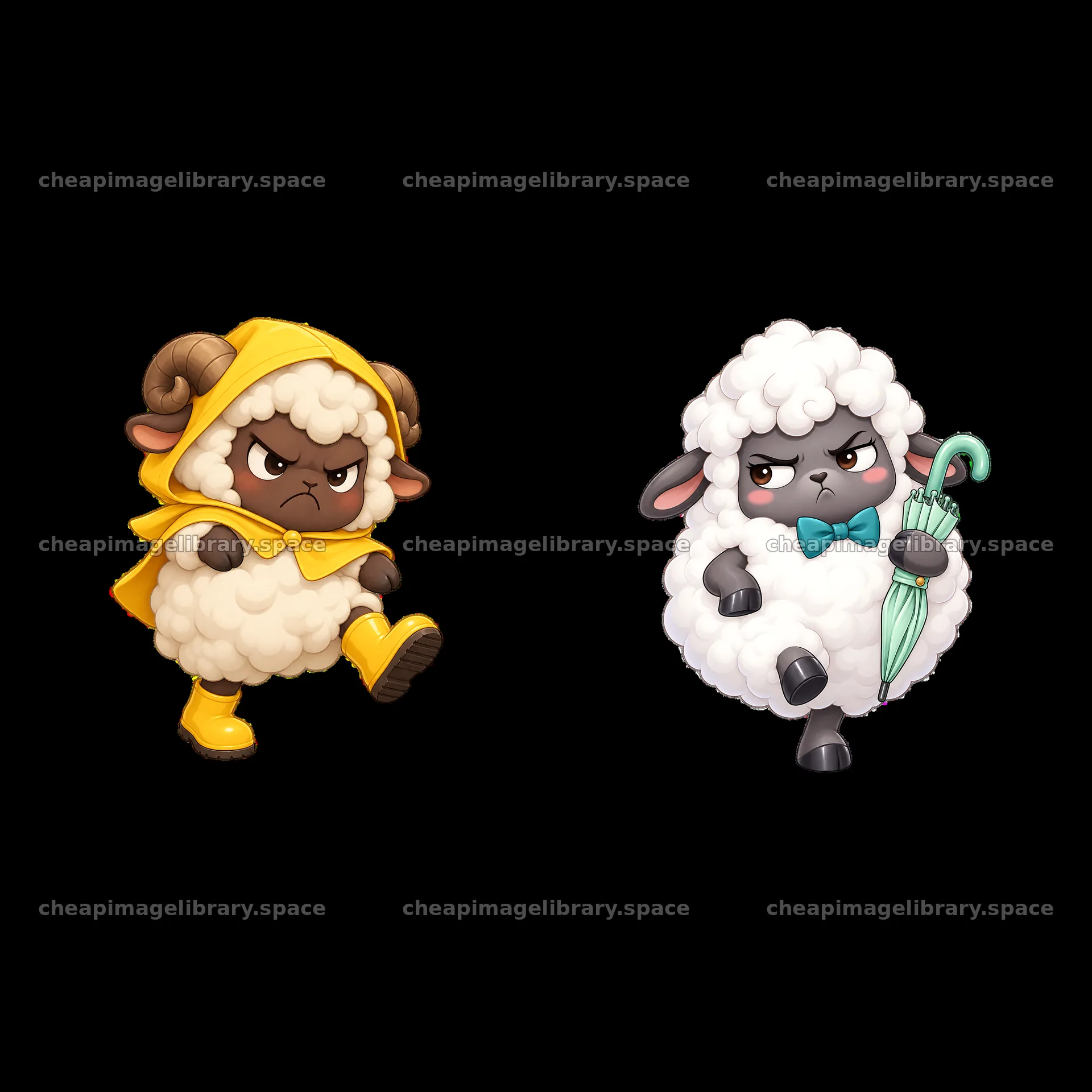 Kawaii grumpy sheep characters with umbrella and raincoat – image library 7746x7746