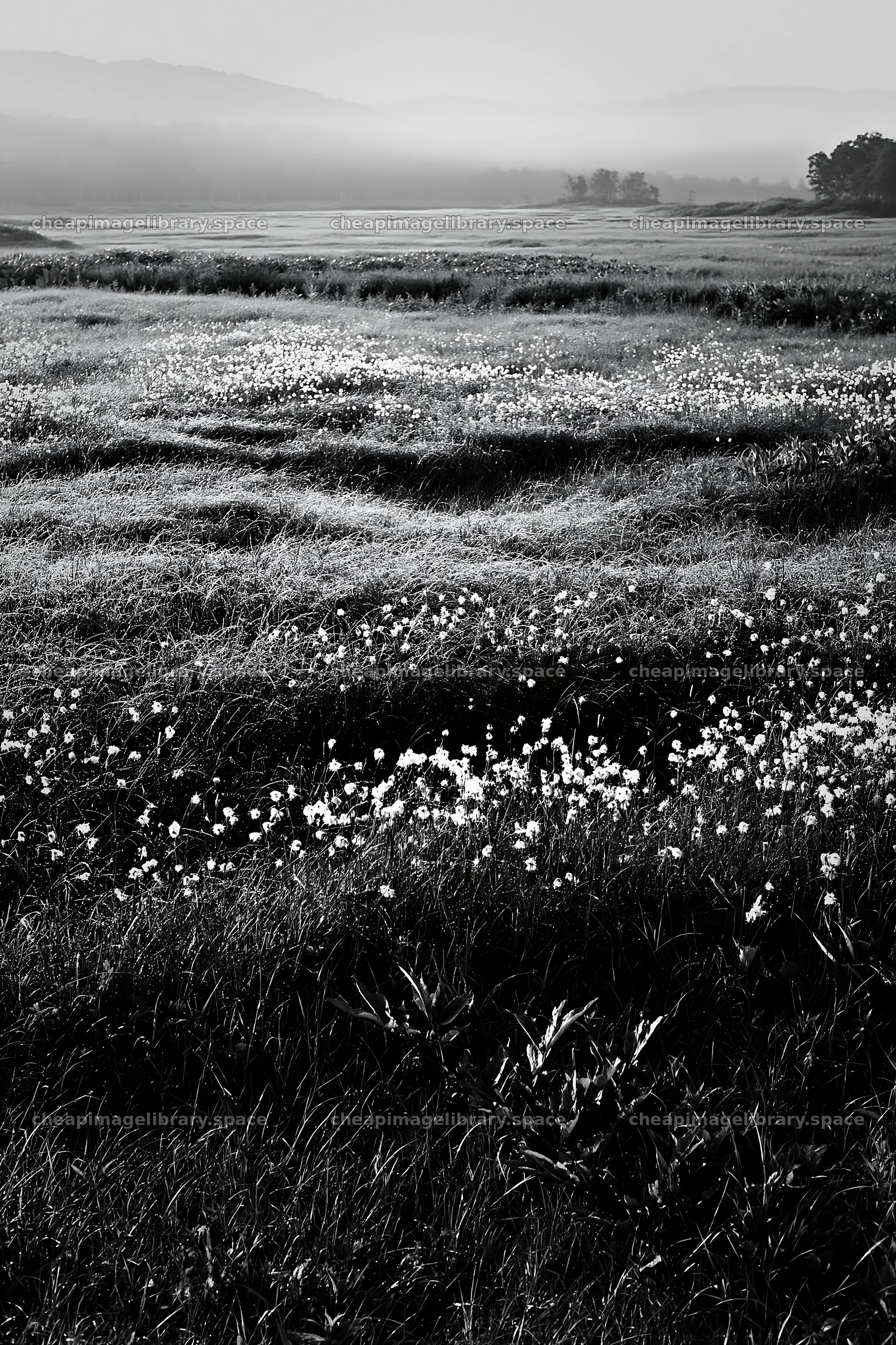 Expansive Hokkaido restoration meadow with dewdrops – image library 6480x9722