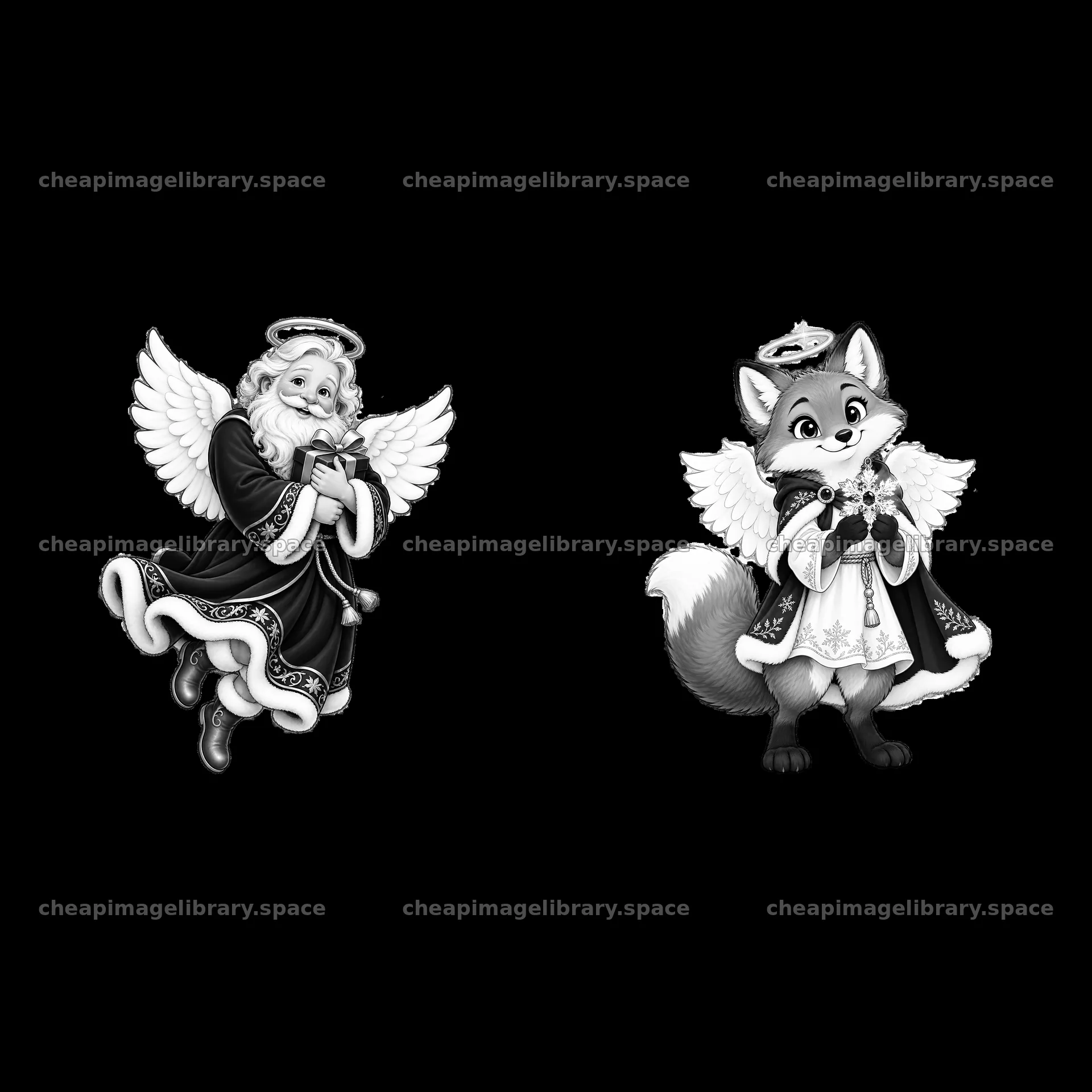 Christmas angel and fox character in black-and-white illustration – image library 7746x7746