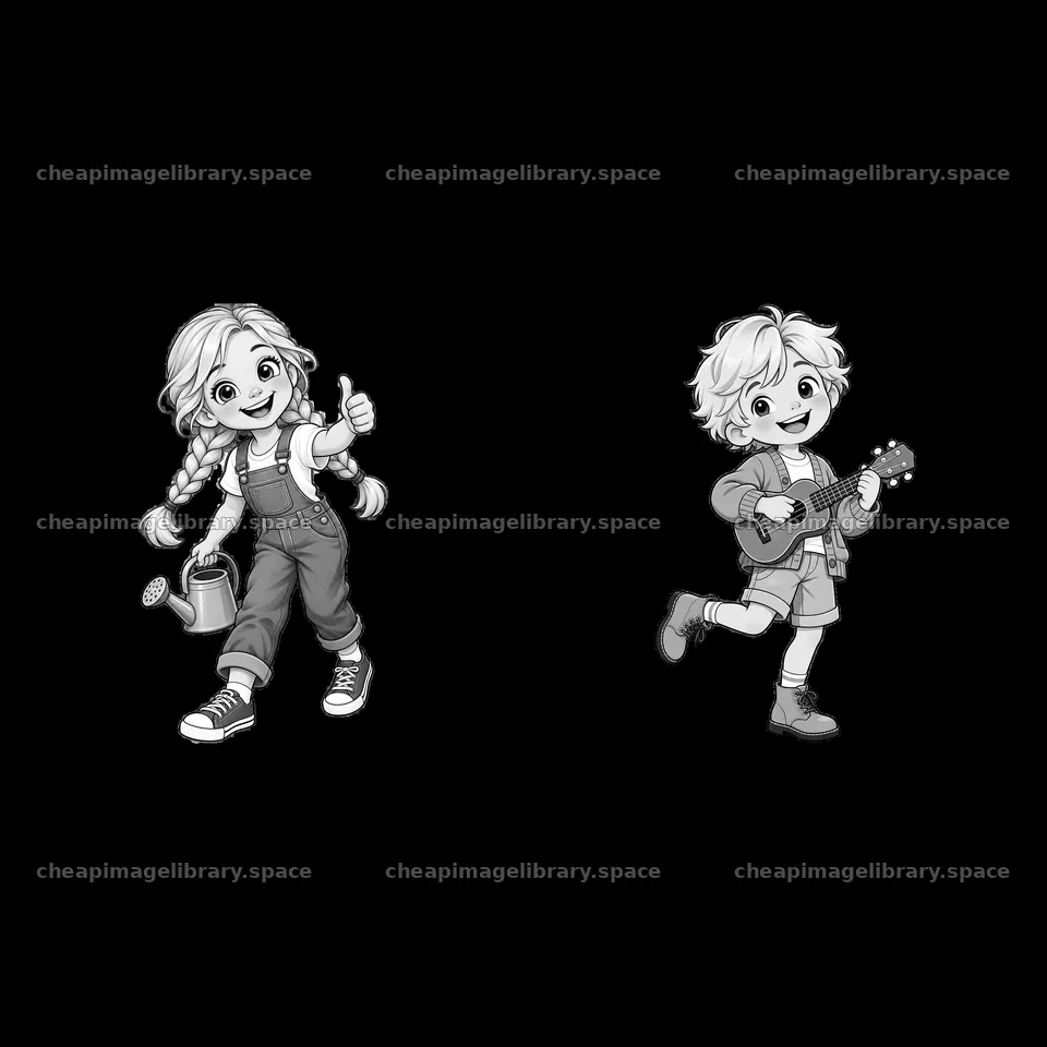 Blond children with a watering can and ukulele in monochrome – image library 7746x7746