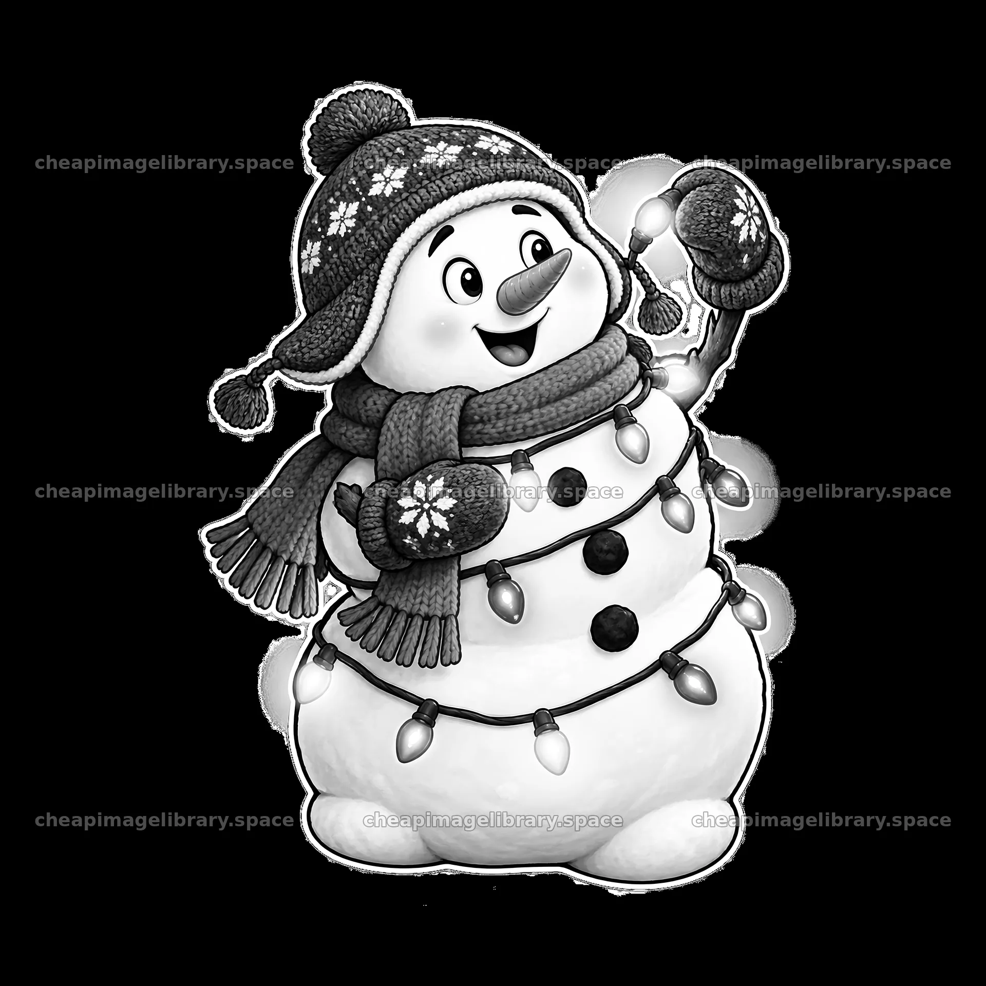 Snowman wrapped in string lights waving with winter attire – image library 7746x7746