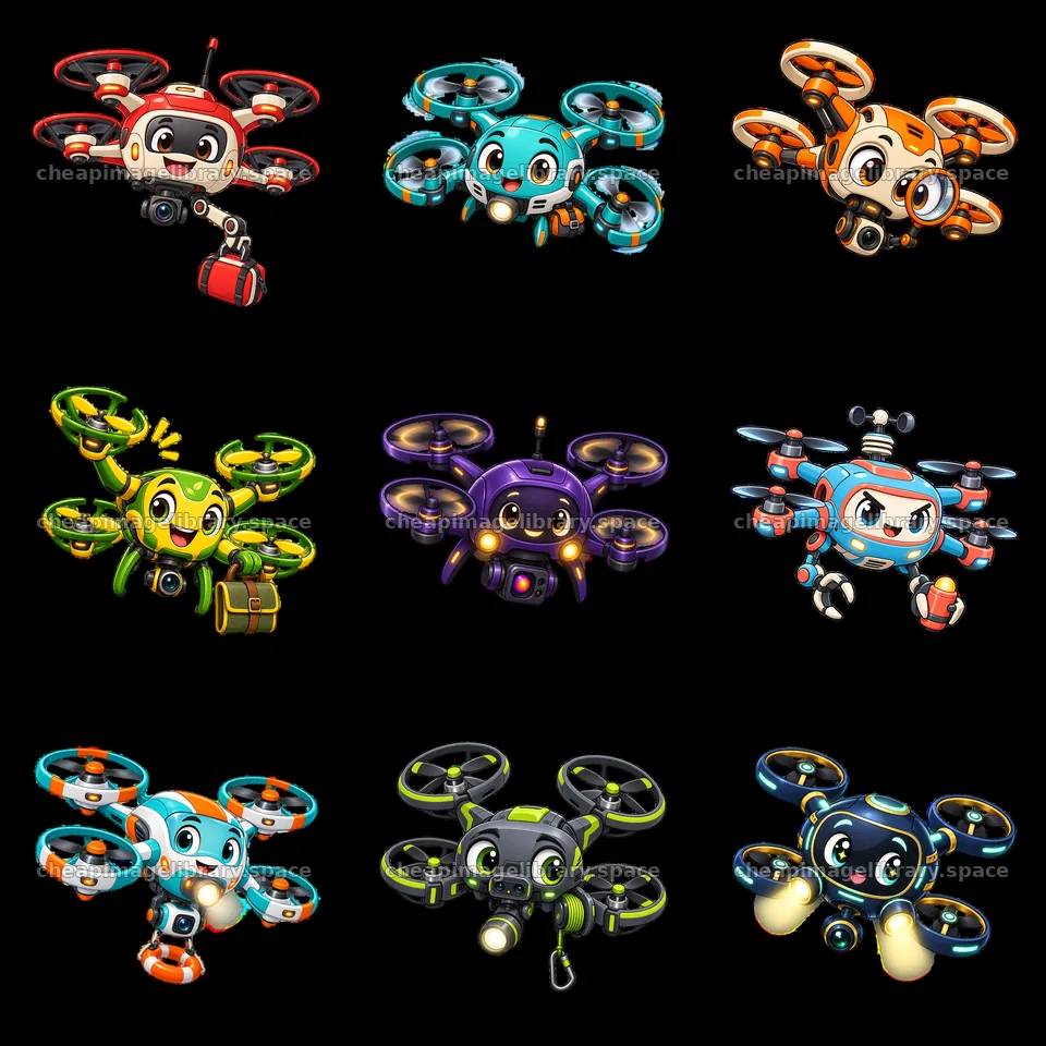Cartoon drones in colorful designs, featuring different characters – image library 7746x7746