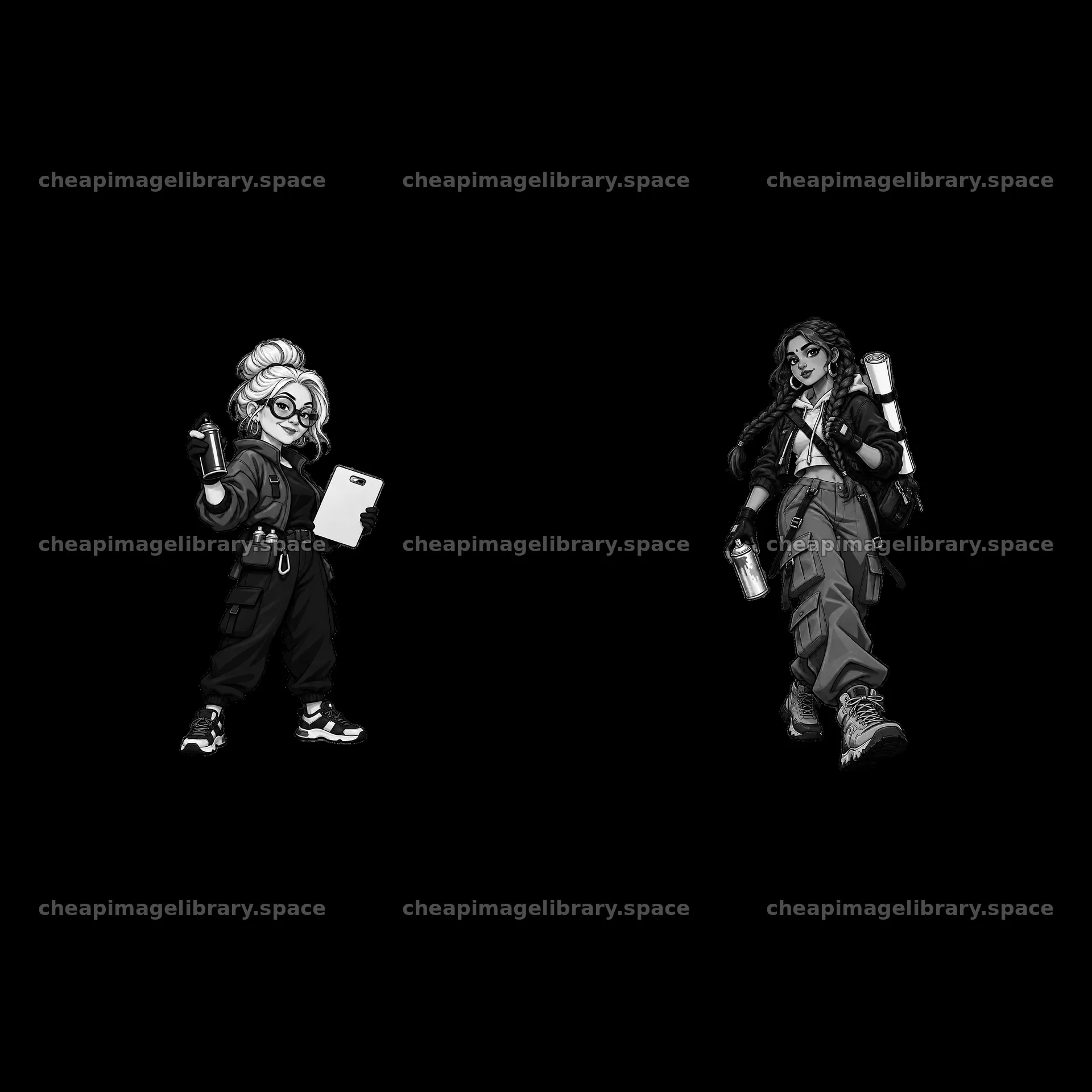 Graffiti sprayer duo in streetwear attire with spray cans – image library 7746x7746