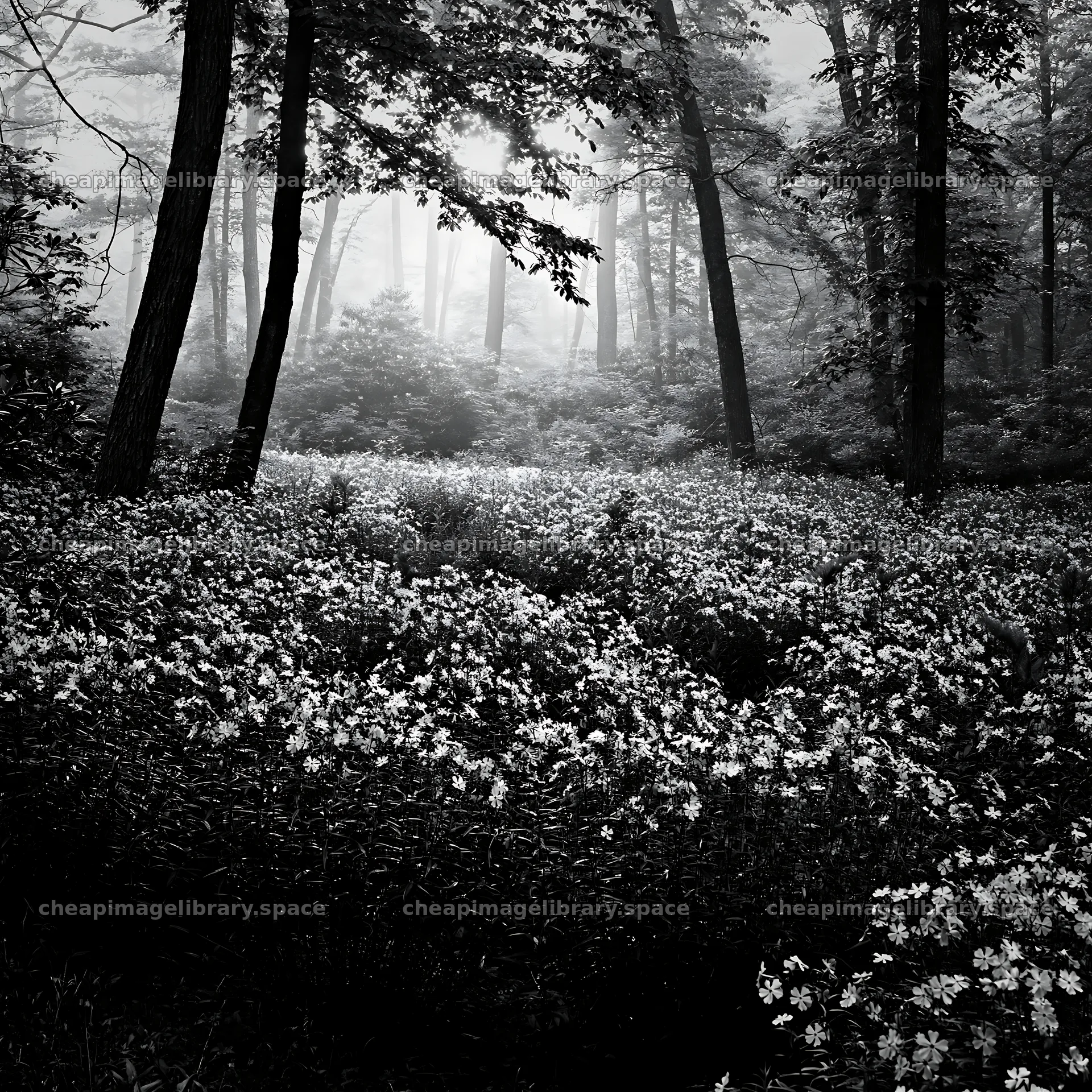 Misty forest meadow with blooming flowers and tall trees – image library 7938x7938