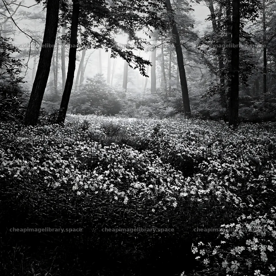 Misty forest meadow with blooming flowers and tall trees – image library 7938x7938