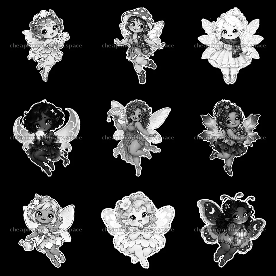 Chubby fairies dancing and playing in a 3x3 arrangement – image library 7746x7746