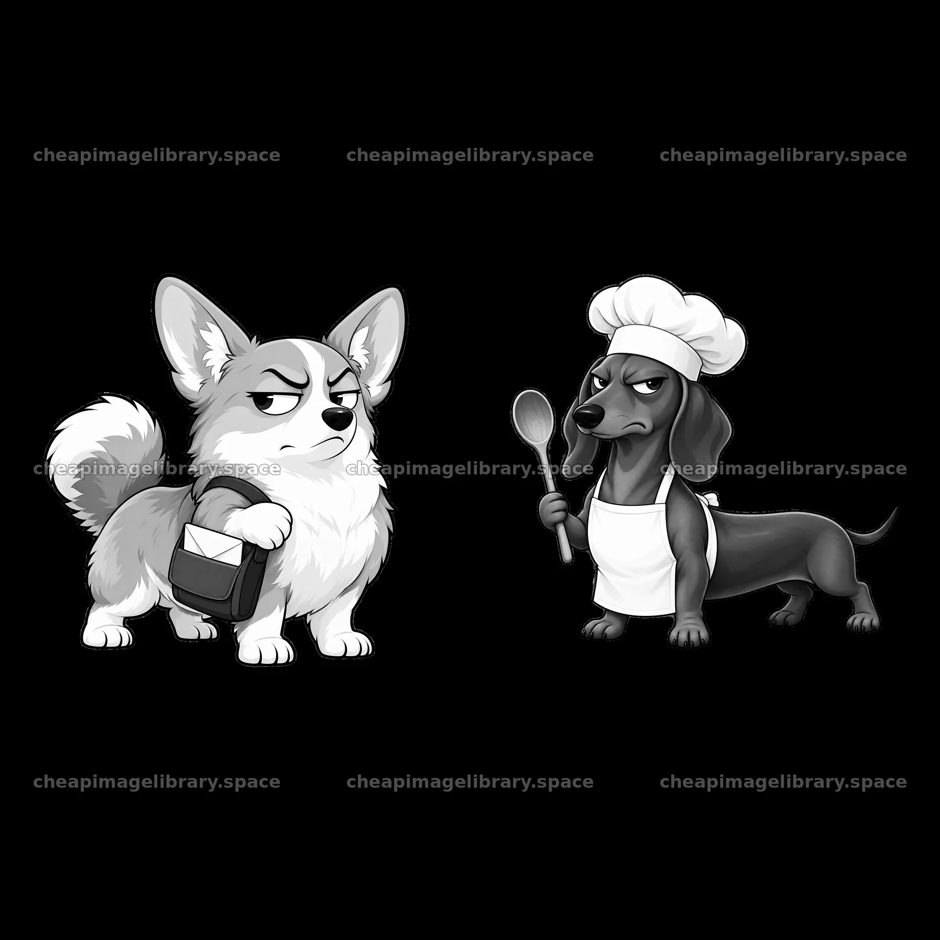 Grumpy dog characters with a chef and delivery theme – image library 7746x7746
