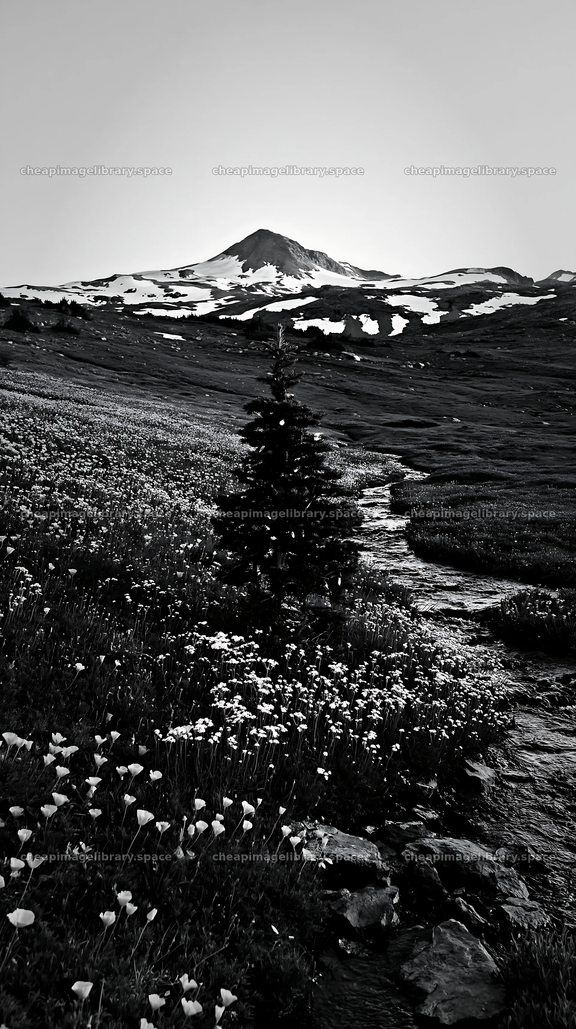 Christmas tree with lights beside stream in meadow – image library 5938x10608