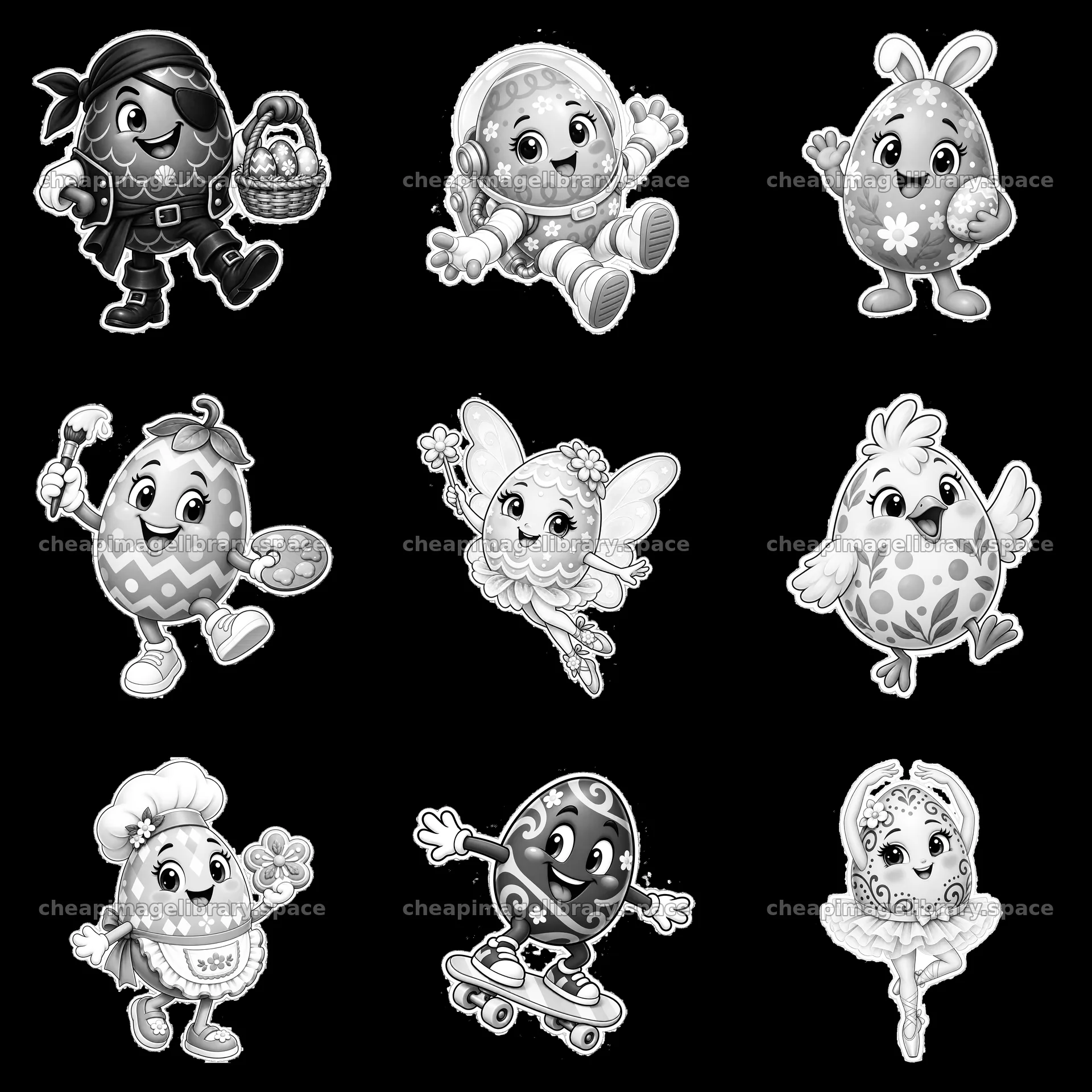 Colorful Easter egg characters in a 3x3 cartoon sticker layout – image library 7746x7746