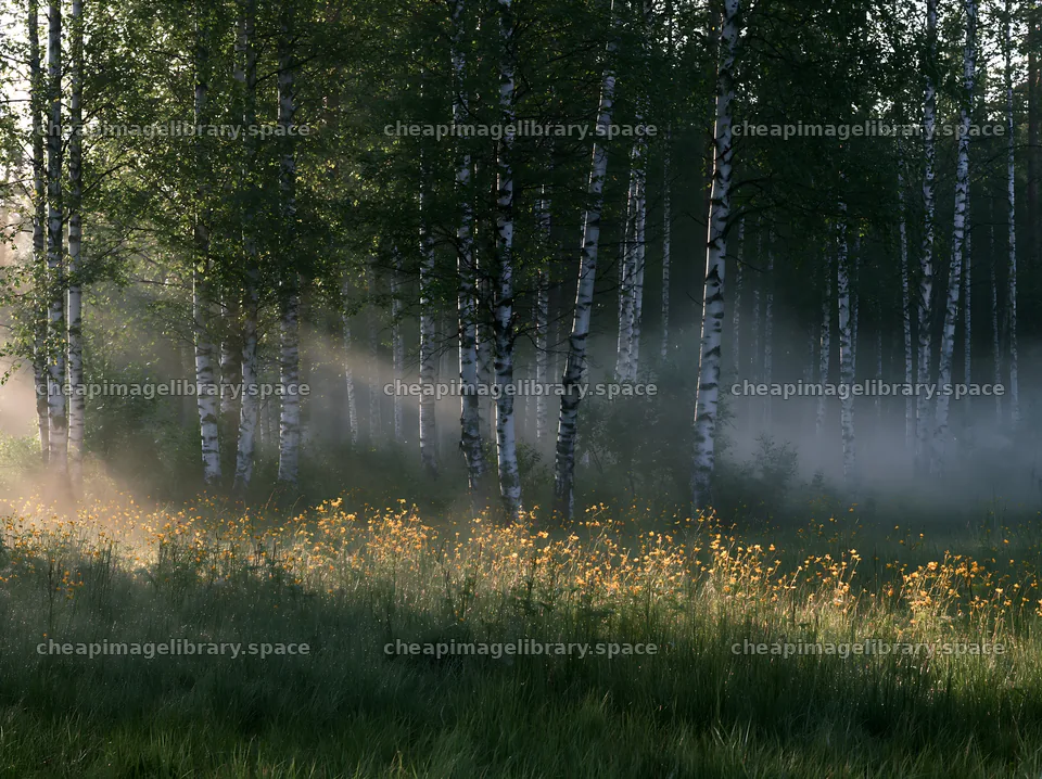 Birch forest meadow with flowers in early morning light – image library 9174x6866