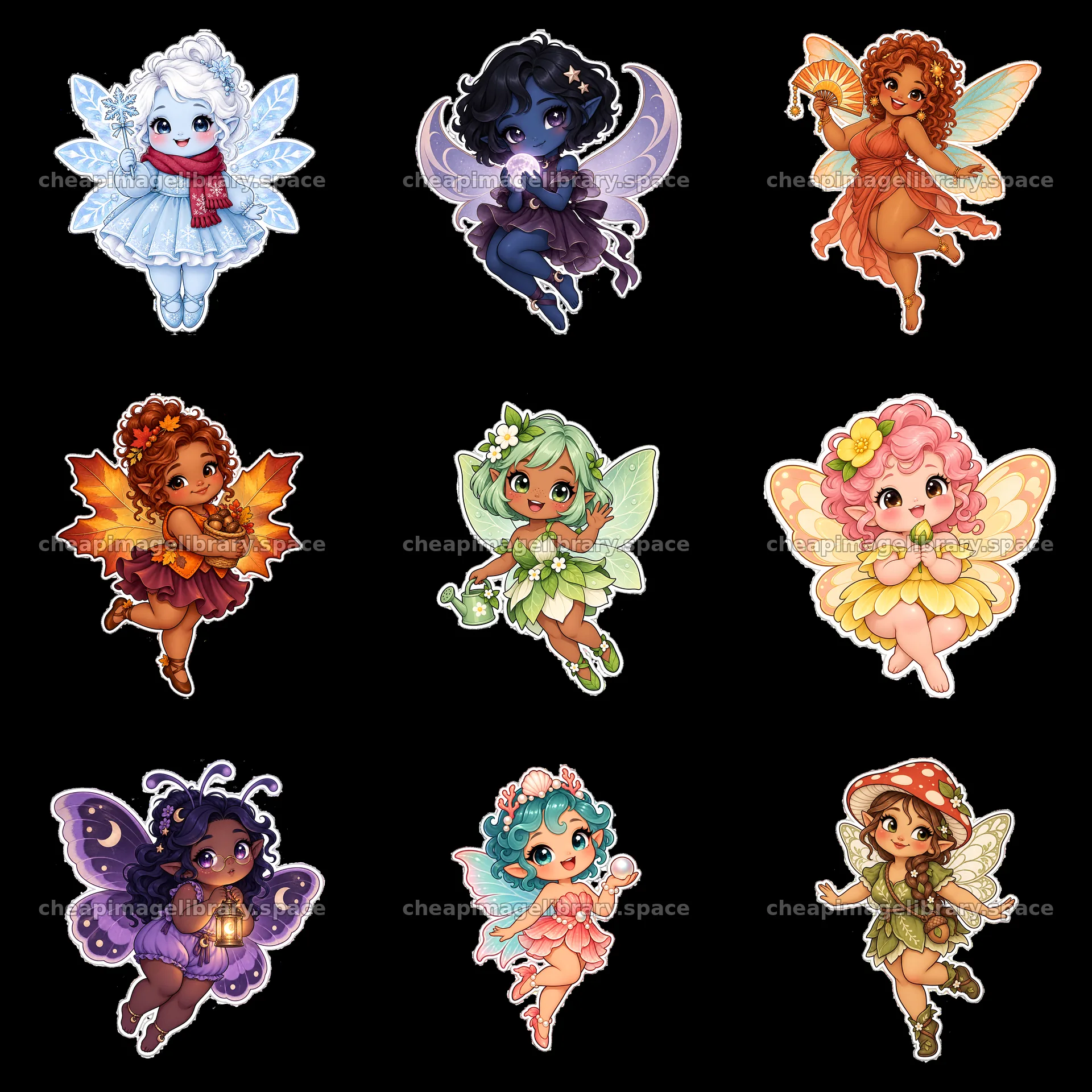 Kawaii chubby fairies in various colorful outfits and poses – image library 7746x7746