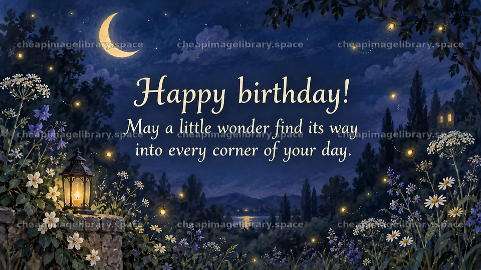 Whimsical Birthday Greeting Under a Crescent Moon – image library 10324x5812