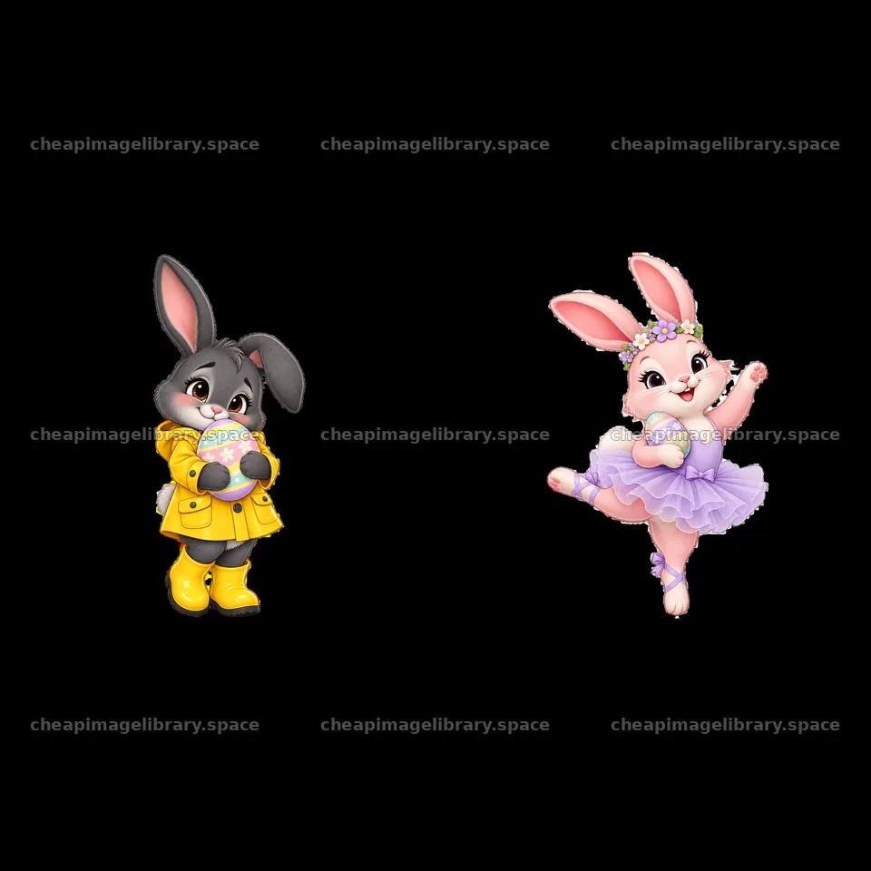 Easter bunnies in raincoats and tutus holding colorful eggs – image library 7746x7746