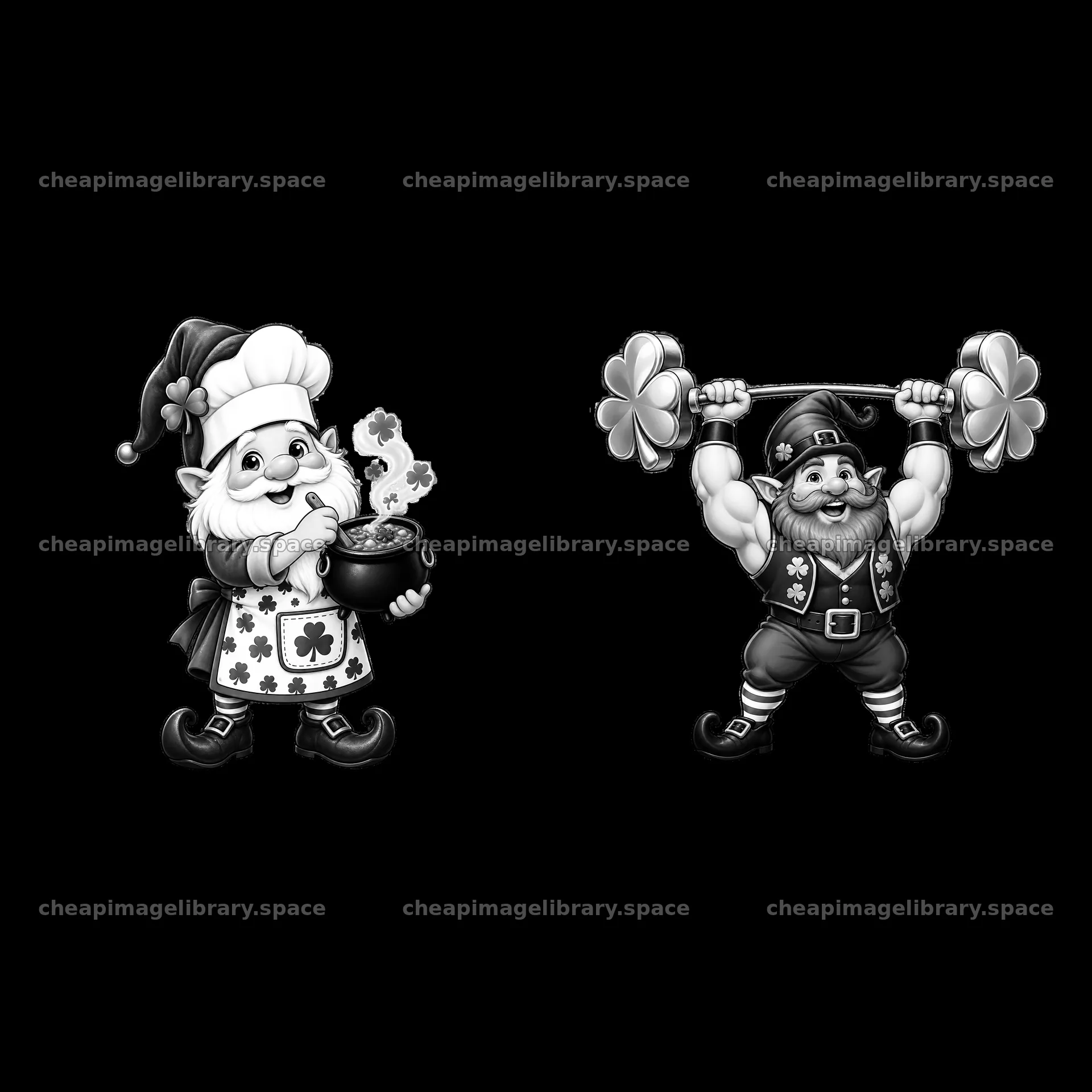 St. Patrick's Day gnome chef with pot of gold and strongman gnome – image library 7746x7746