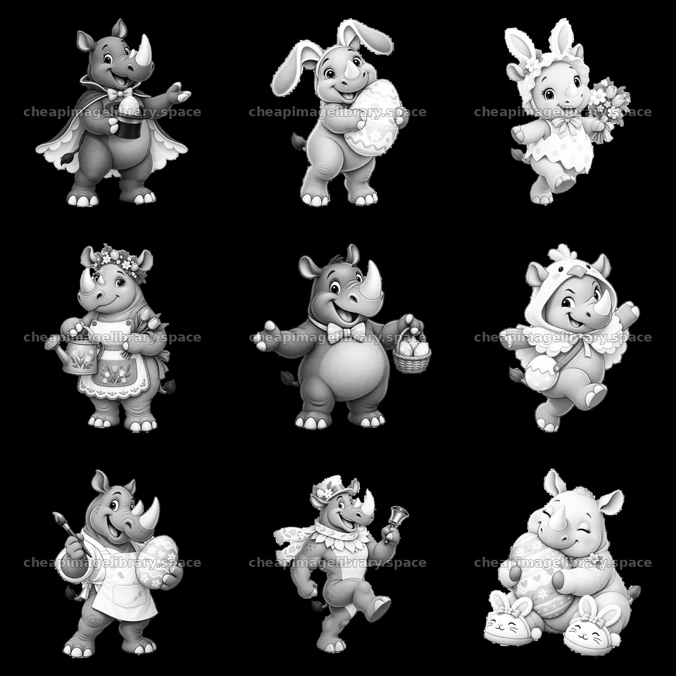 Easter rhinoceros characters with festive accessories in a grid – image library 7746x7746