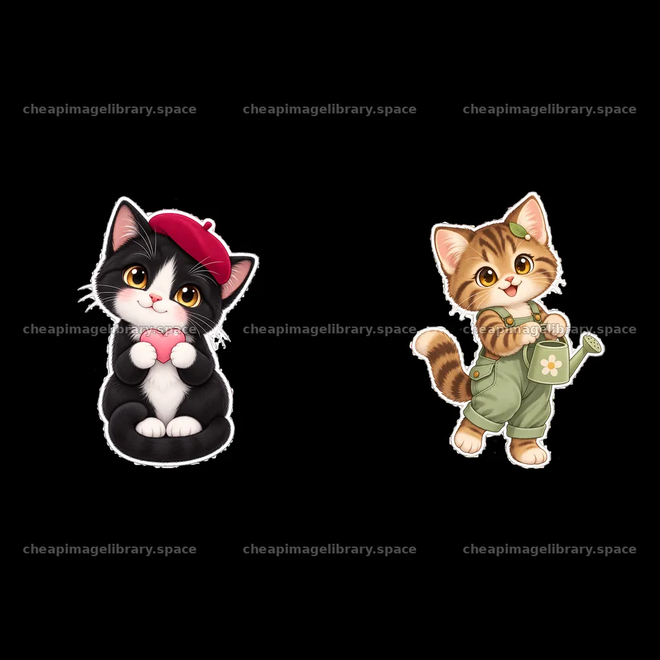Kawaii cat duo with gardening and love theme stickers – image library 7746x7746