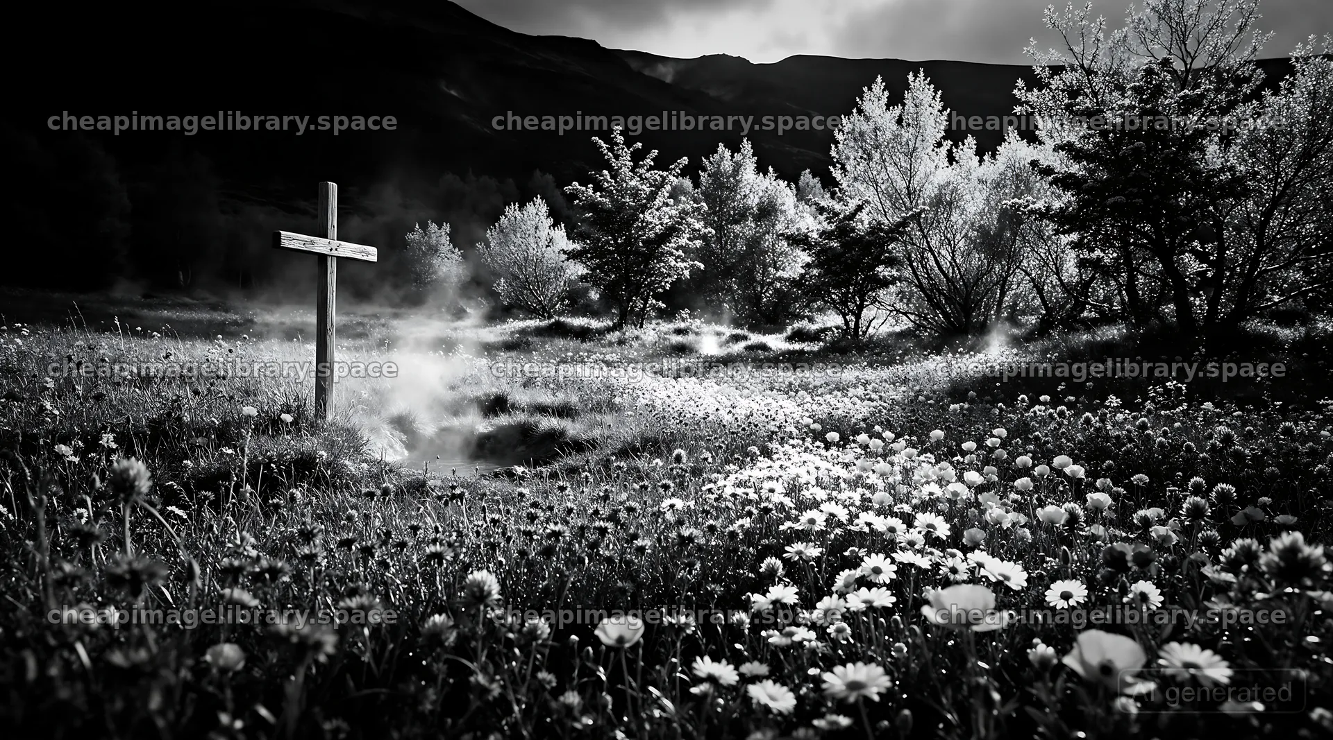 Wooden cross in a hot spring meadow surrounded by flowers – image library 10648x5916