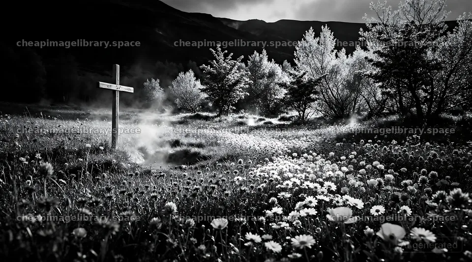 Wooden cross in a hot spring meadow surrounded by flowers – image library 10648x5916