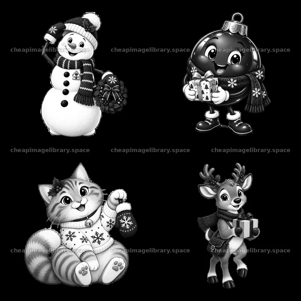 Snowman, ornament, cat, and reindeer celebrating Christmas – image library 7746x7746