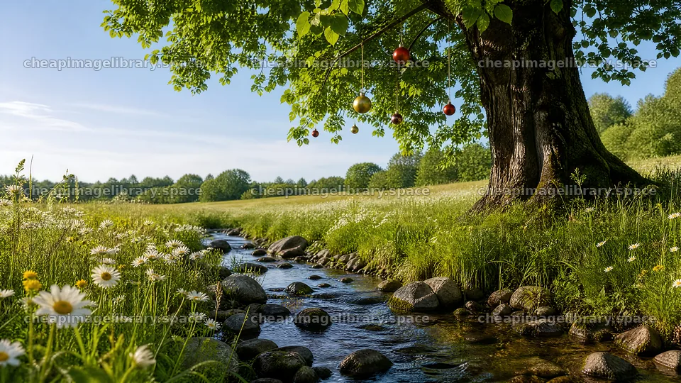 Christmas ornaments above stream in meadow – image library 10584x5952