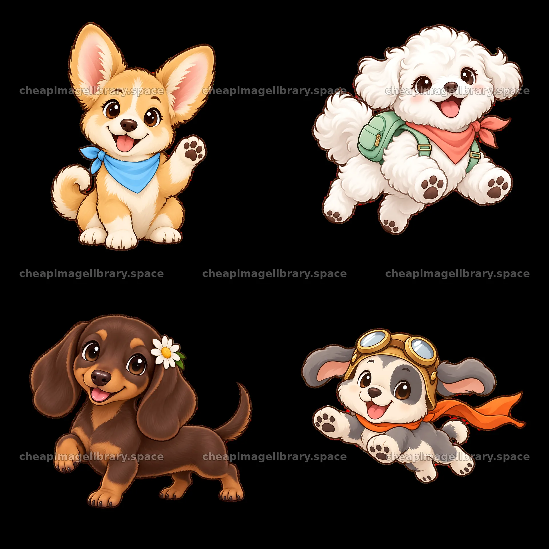 Cute dogs with accessories in a playful 2x2 cartoon sticker layout – image library 7746x7746