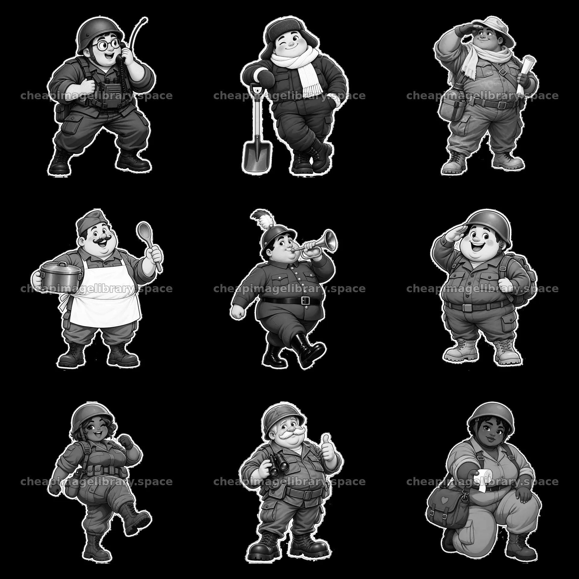 Chubby cartoon soldiers in various poses and activities – image library 7746x7746