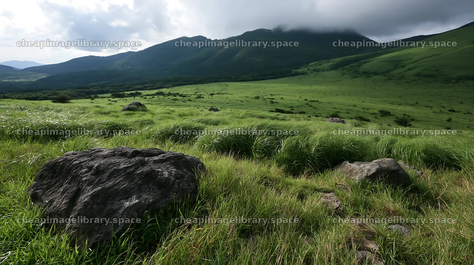 Oita highland meadow with granite stones in Japan – image library 10608x5938