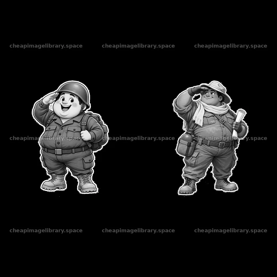 Chubby soldier stickers in black-and-white comic style – image library 7746x7746