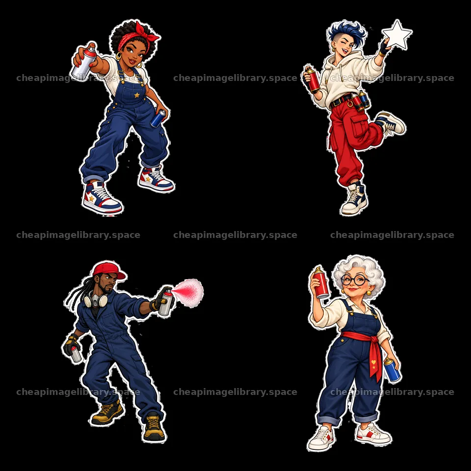 Patriotic graffiti sprayers in colorful outfits with spray cans – image library 7746x7746
