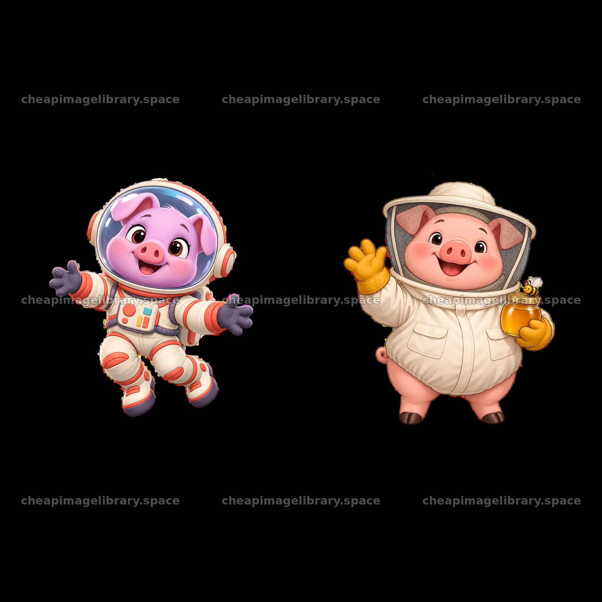 Pig astronaut and pig beekeeper character stickers – image library 7746x7746