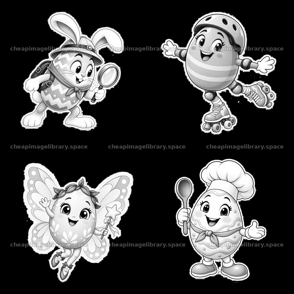 Easter eggs with characters in various activities and poses – image library 7746x7746