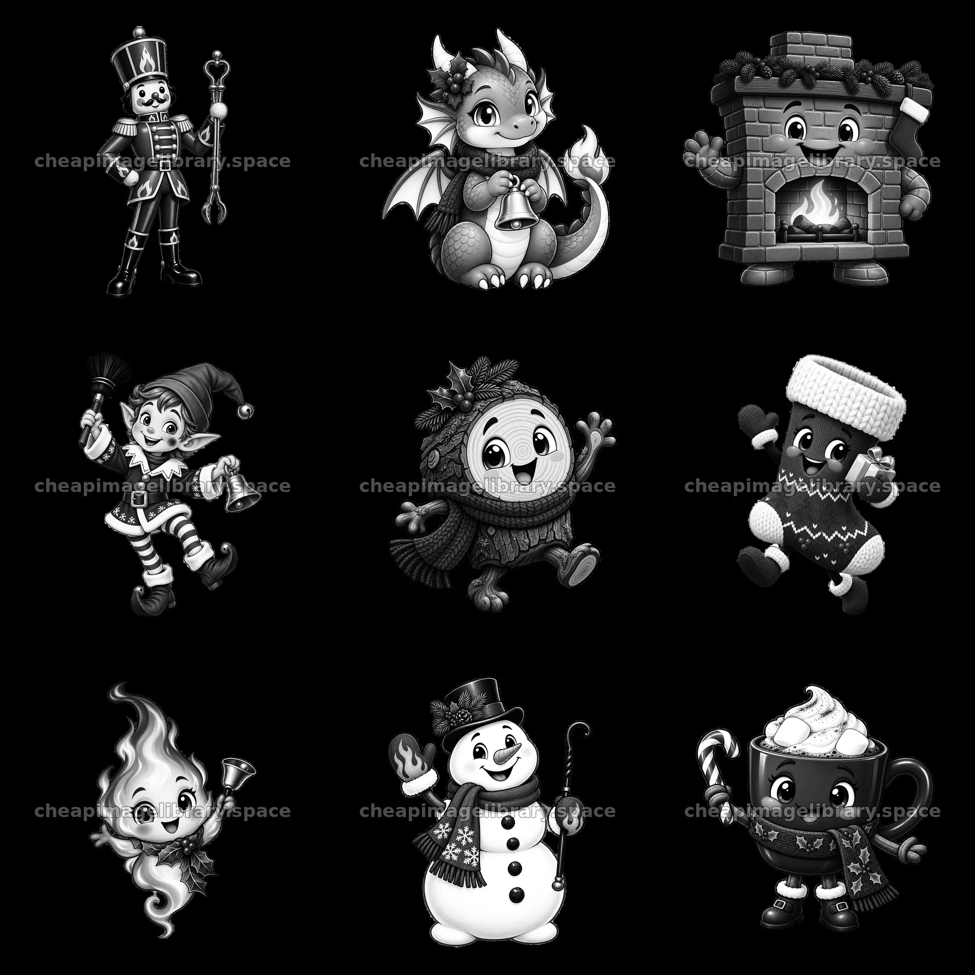 Christmas cartoon characters around a fireplace in monochrome design – image library 7746x7746