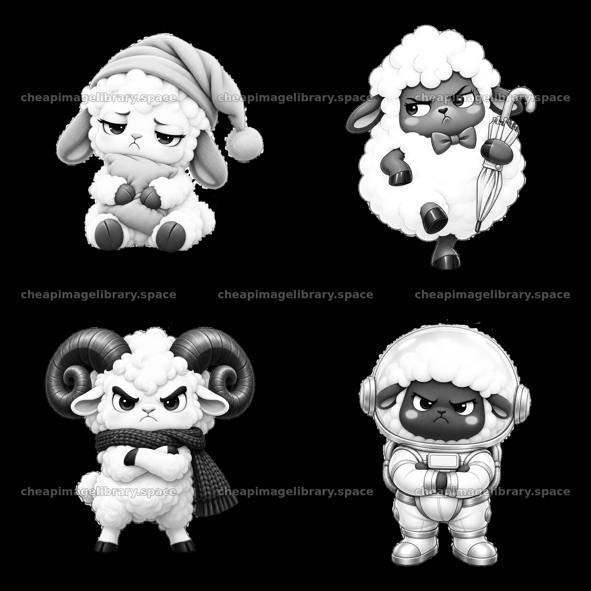Grumpy sheep characters in various poses and outfits – image library 7746x7746