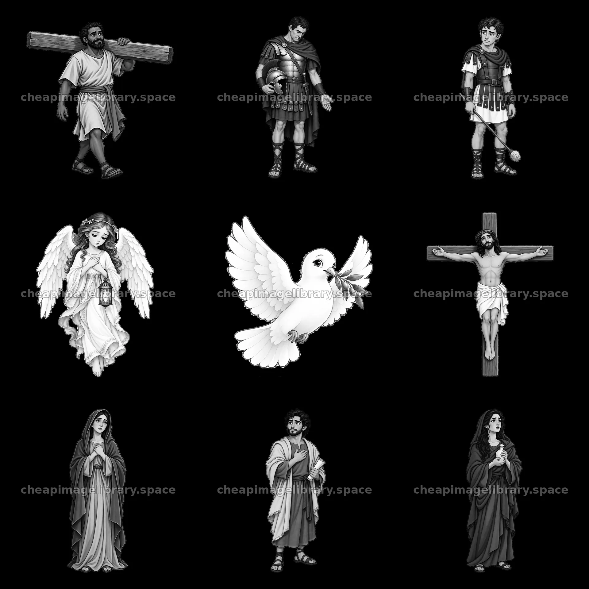 Jesus on the cross with angels and apostles in black and white – image library 7746x7746