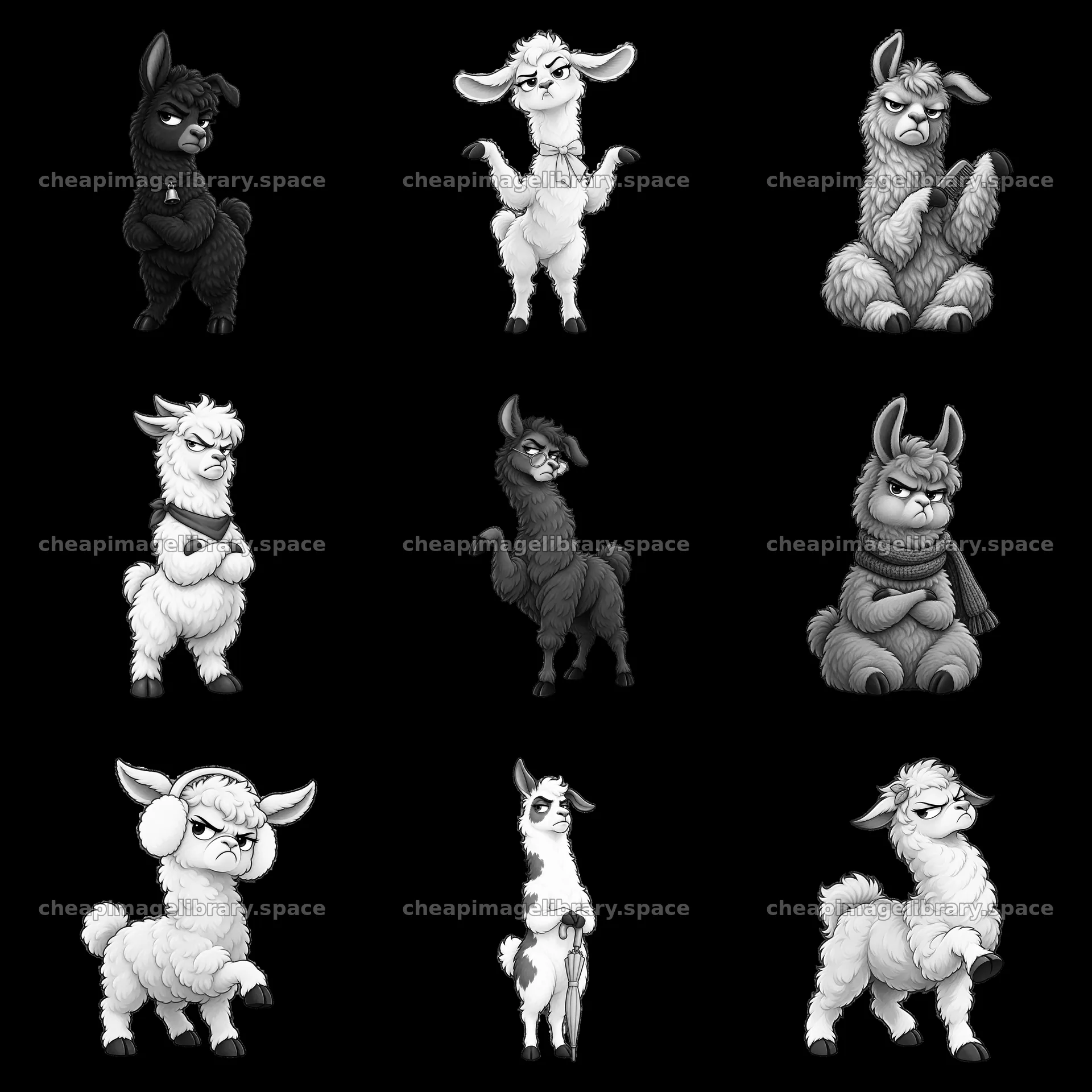 Grumpy llamas showing different moods in a 3x3 grid layout – image library 7746x7746