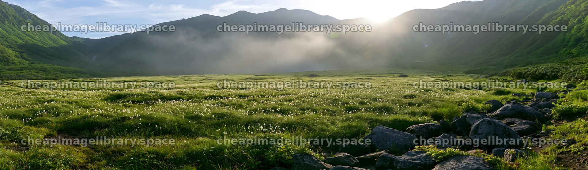 Toyama alpine meadow snowmelt rock foreground with mountains – image library 14762x4268