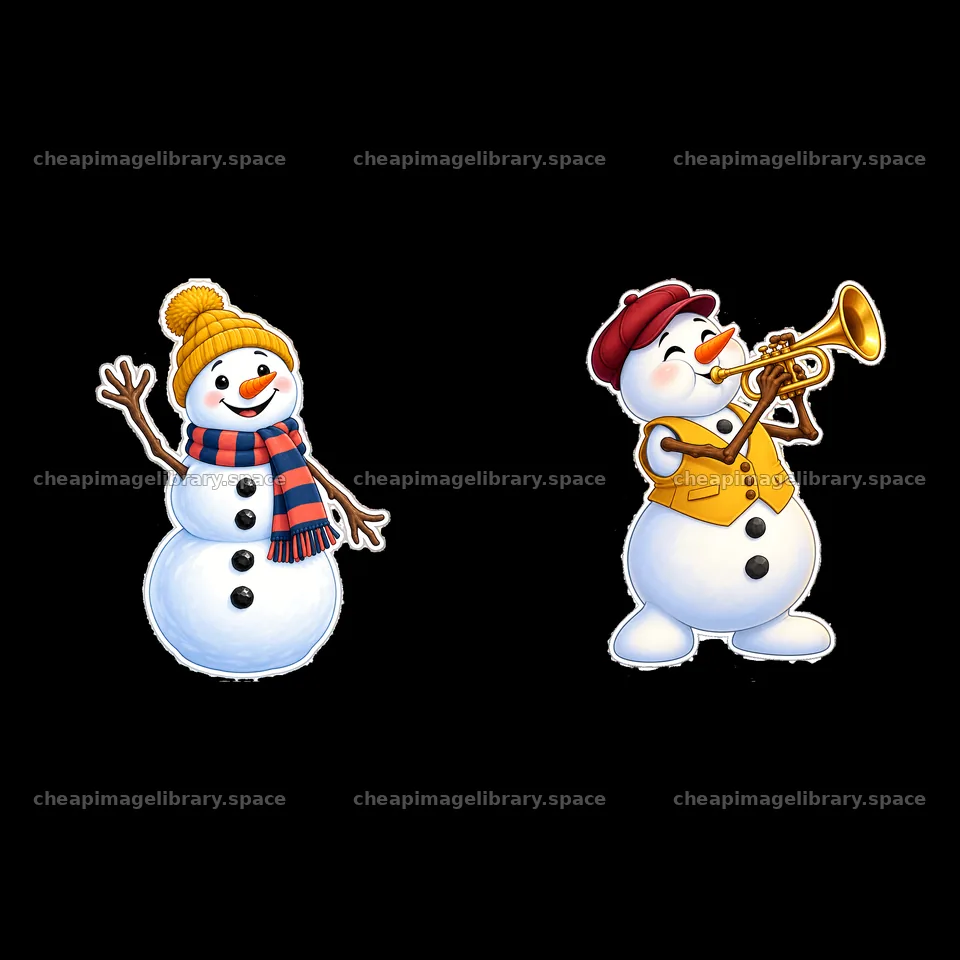 Two joyful snowmen in warm clothing with musical instruments – image library 7746x7746