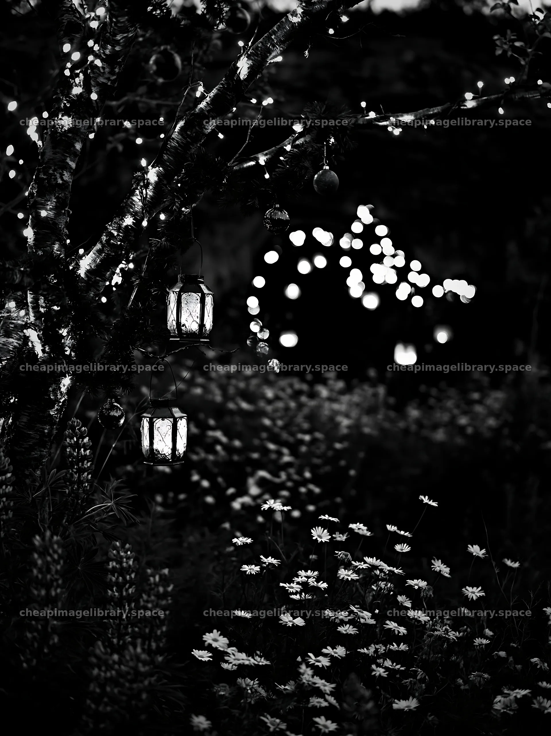 Christmas lanterns at dusk in meadow by cave – image library 6866x9174