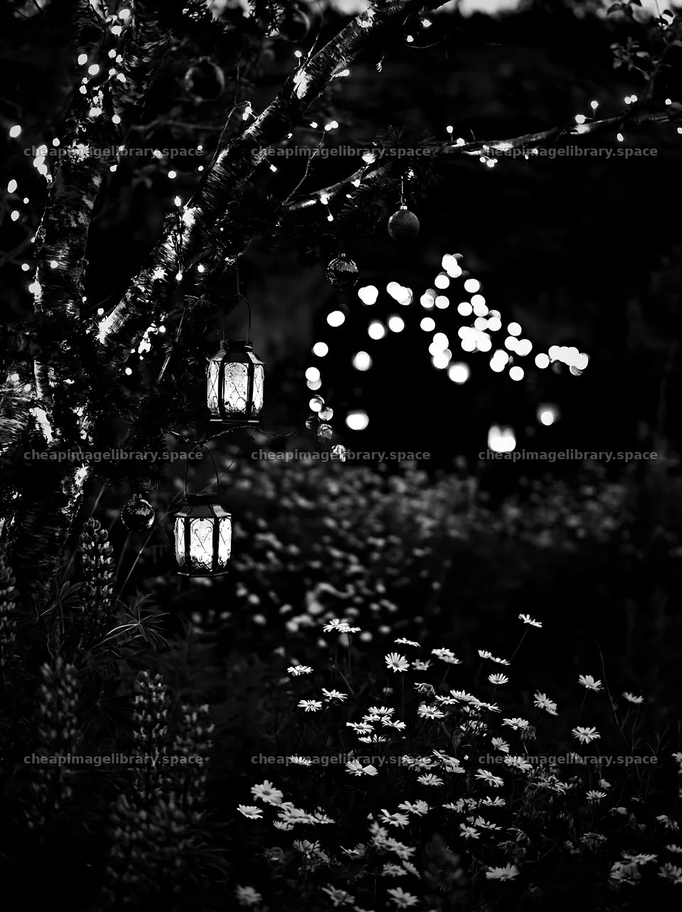 Christmas lanterns at dusk in meadow by cave – image library 6866x9174