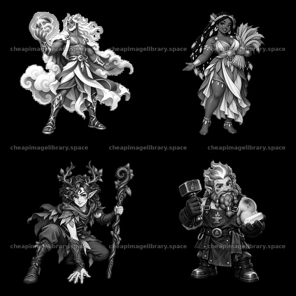 Pagan gods depicted in black-and-white cartoon stickers – image library 7746x7746