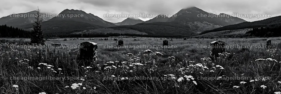 Christmas tree with baubles in mountain meadow during winter – image library 13690x4602