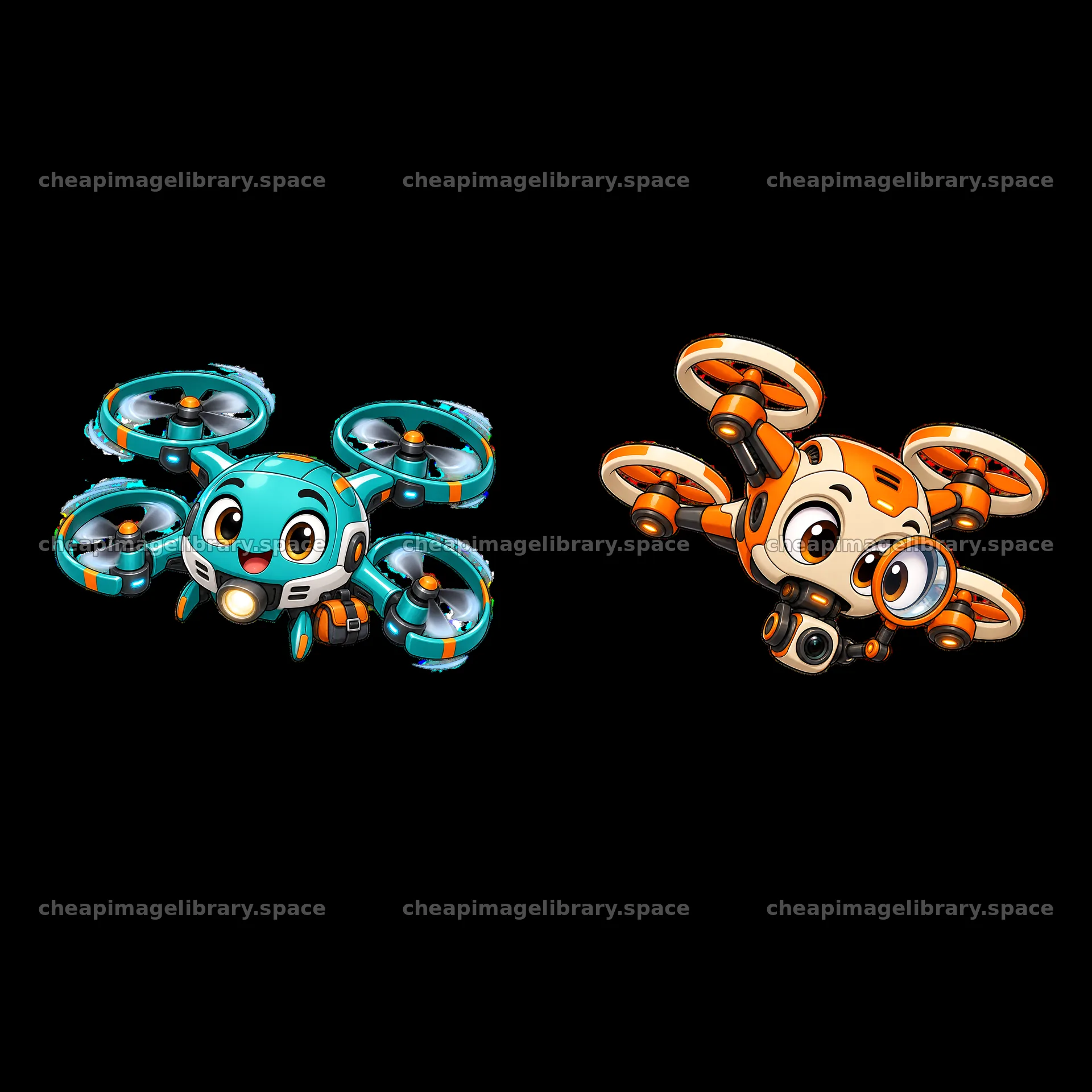 Colorful cartoon drones with cameras flying in a playful way – image library 7746x7746